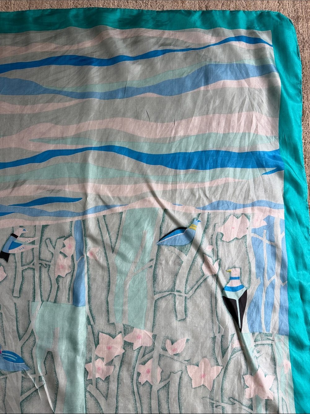 VTG Abstract Art Deco Avian Bird Flowy Silk Scarf Teal Waves Trees Square Retro - Picture 11 of 14
